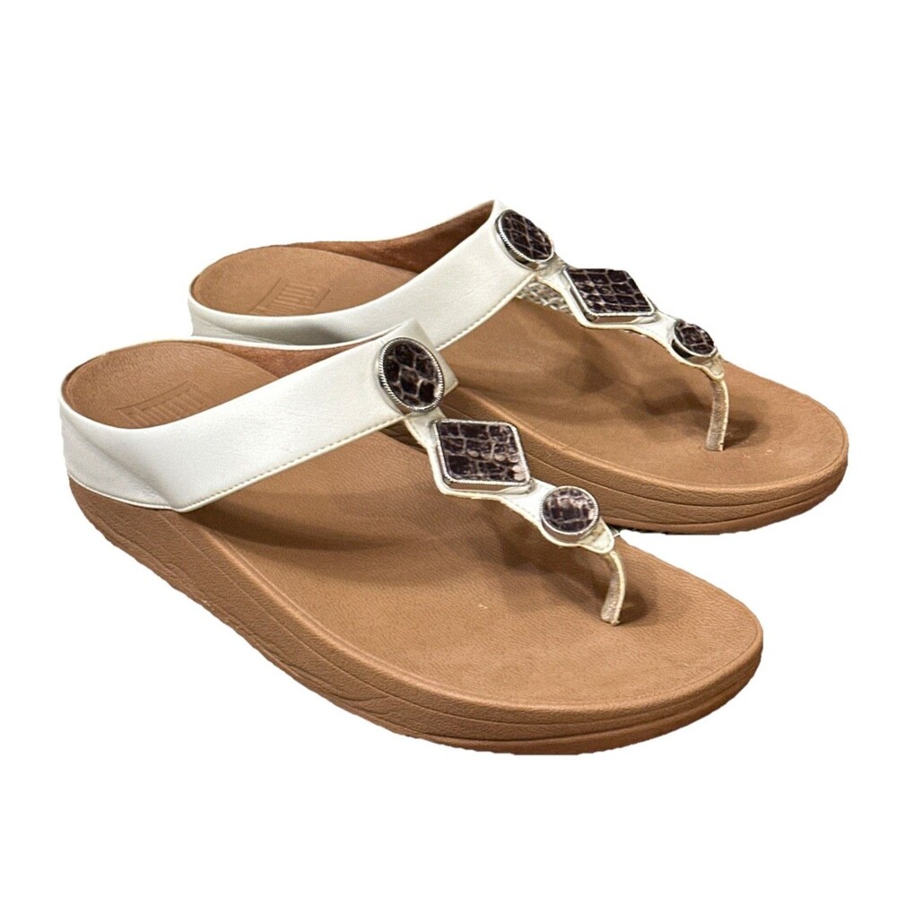 FitFlop Leia Sandals Womens Size 10 Toe Post Urban White Leather Embellished